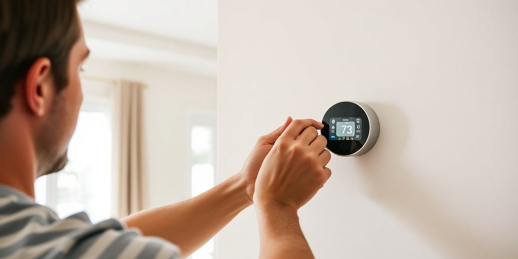 Man installing smart thermostat on wall