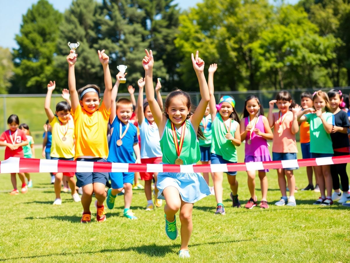 Grup divers de copii sportivi sărbătorind victorie în aer liber.
