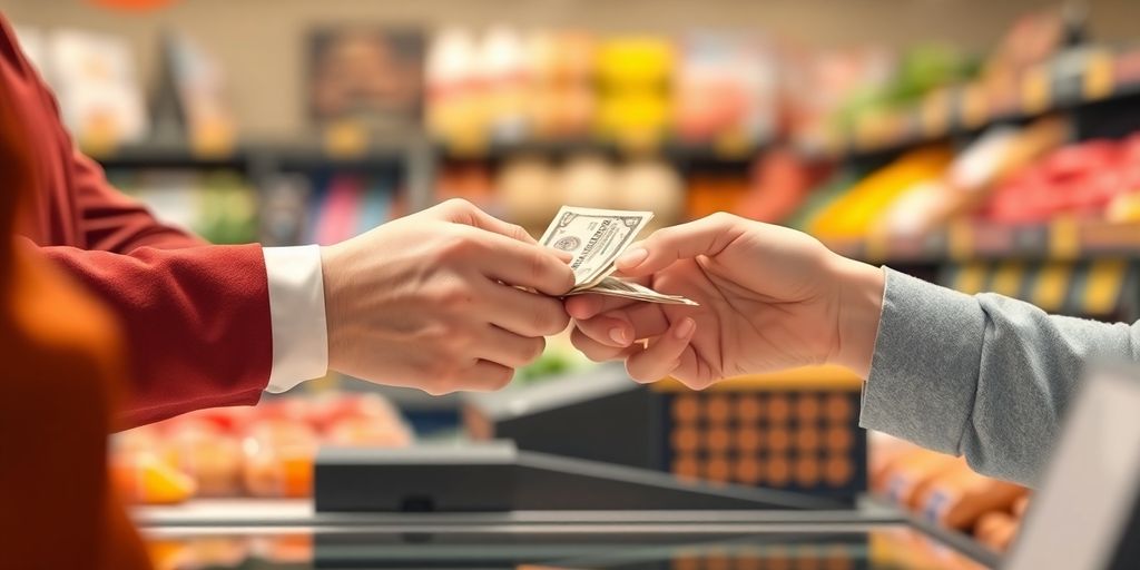 Cashier hands money and groceries to customer.