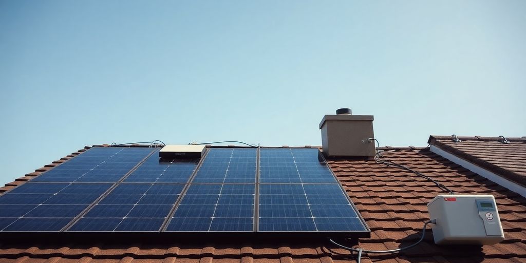Rooftop solar panels, inverter, battery, and smart meter.