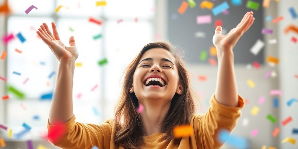 Person celebrating victory with raised arms and confetti.