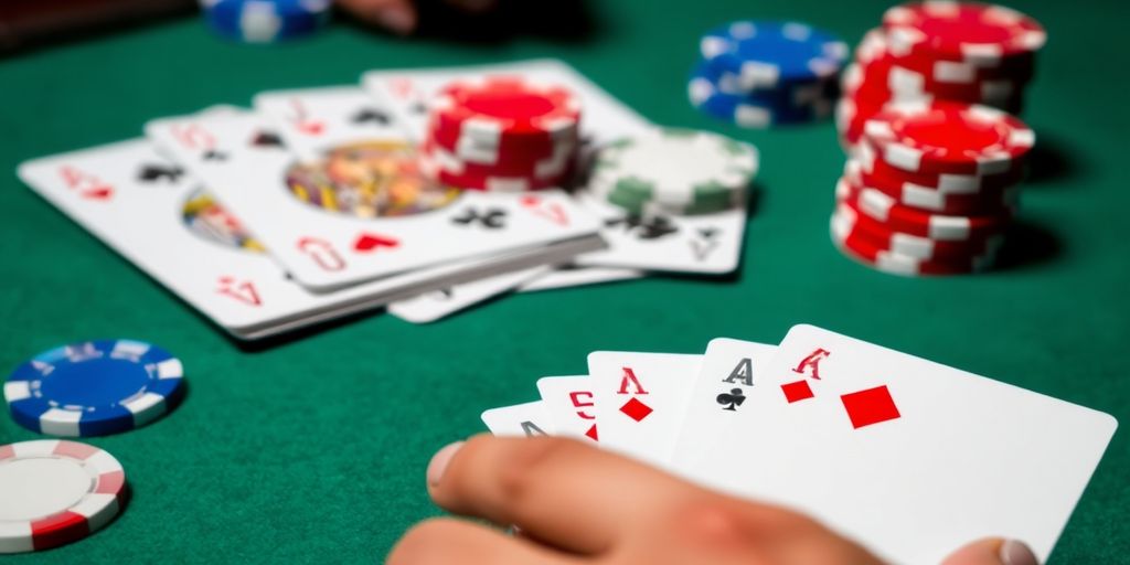 Blackjack cards and chips on a green felt table.