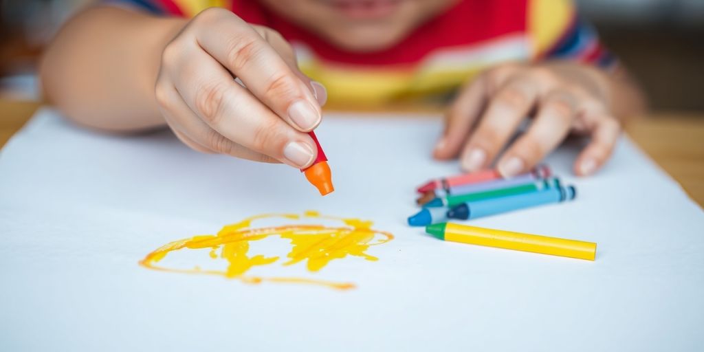Child coloring, holding crayon, smiling face.