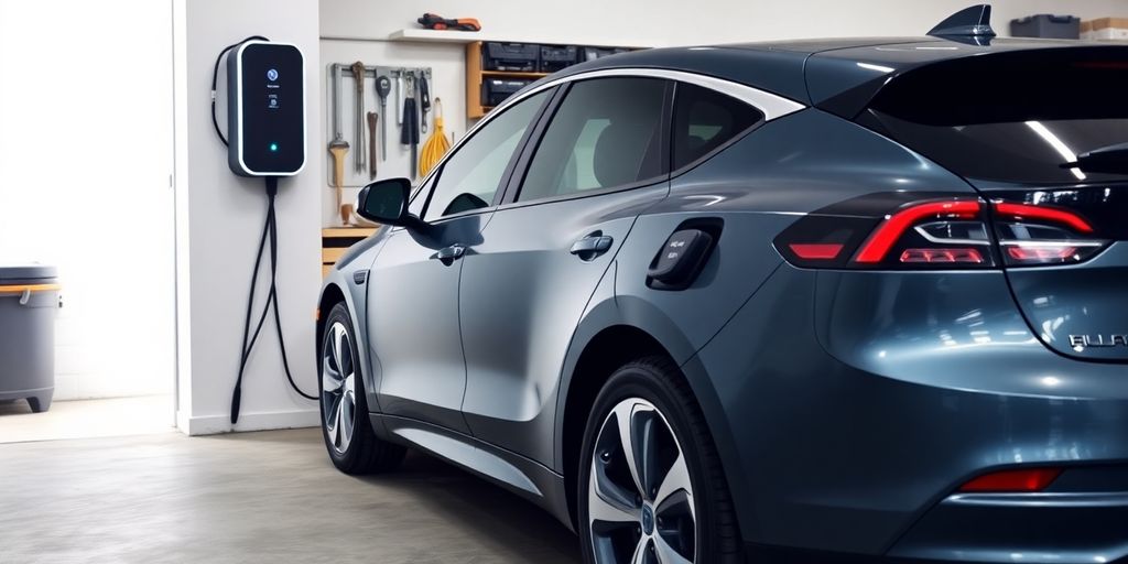 Electric car charging in a home garage.