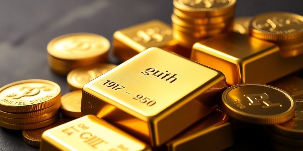 Barres et pièces d'or brillantes sur fond sombre.