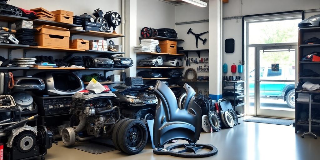 Mitsubishi parts arranged in an organized automotive workshop.