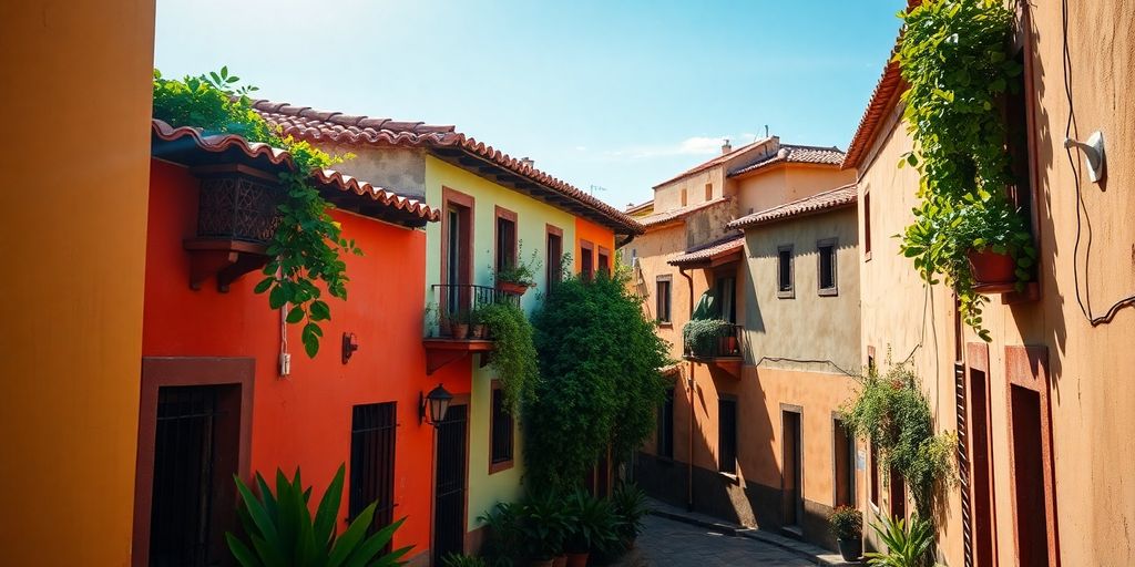 Traditional Mexican village street, colorful buildings, cobblestones.