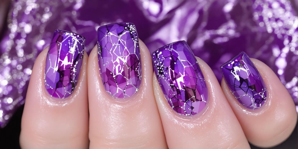 Unhas cromadas roxas com acabamento elegante e futurista.