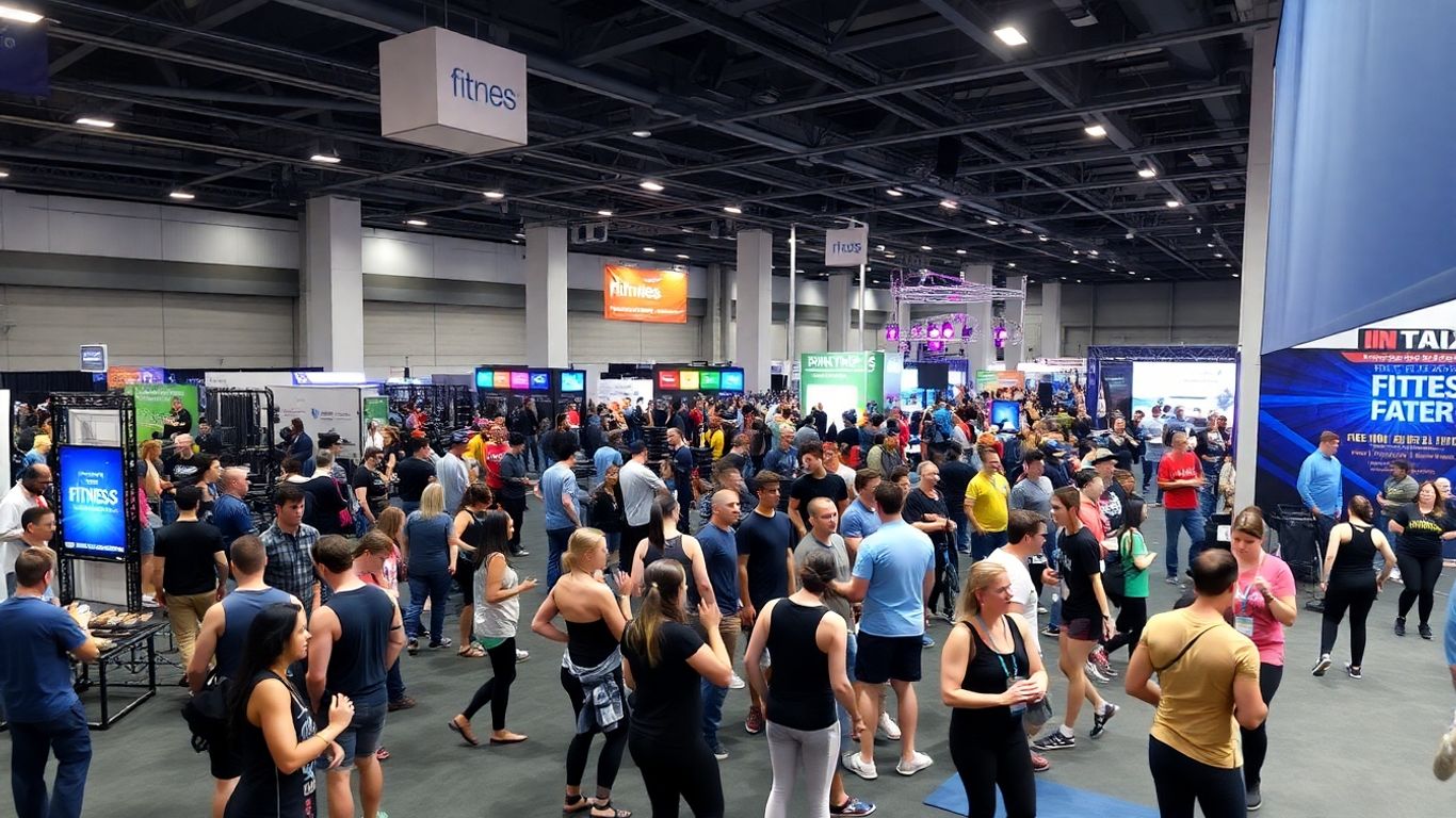 Busy fitness expo with attendees and group workout sessions