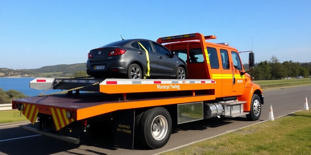 Flatbed tow truck with vehicle securely loaded on it.