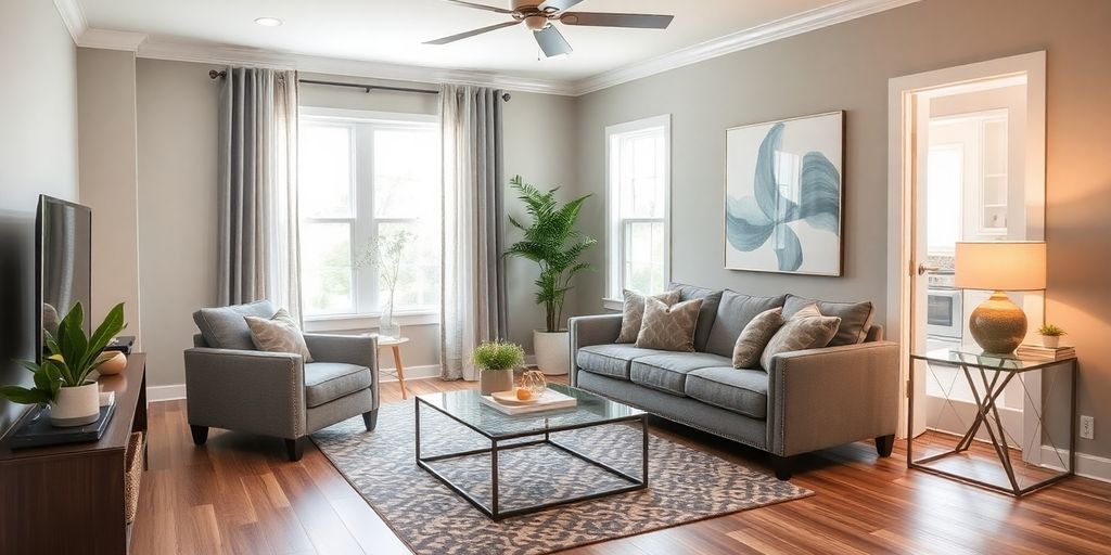 Modern remodeled living room with stylish decor and lighting.