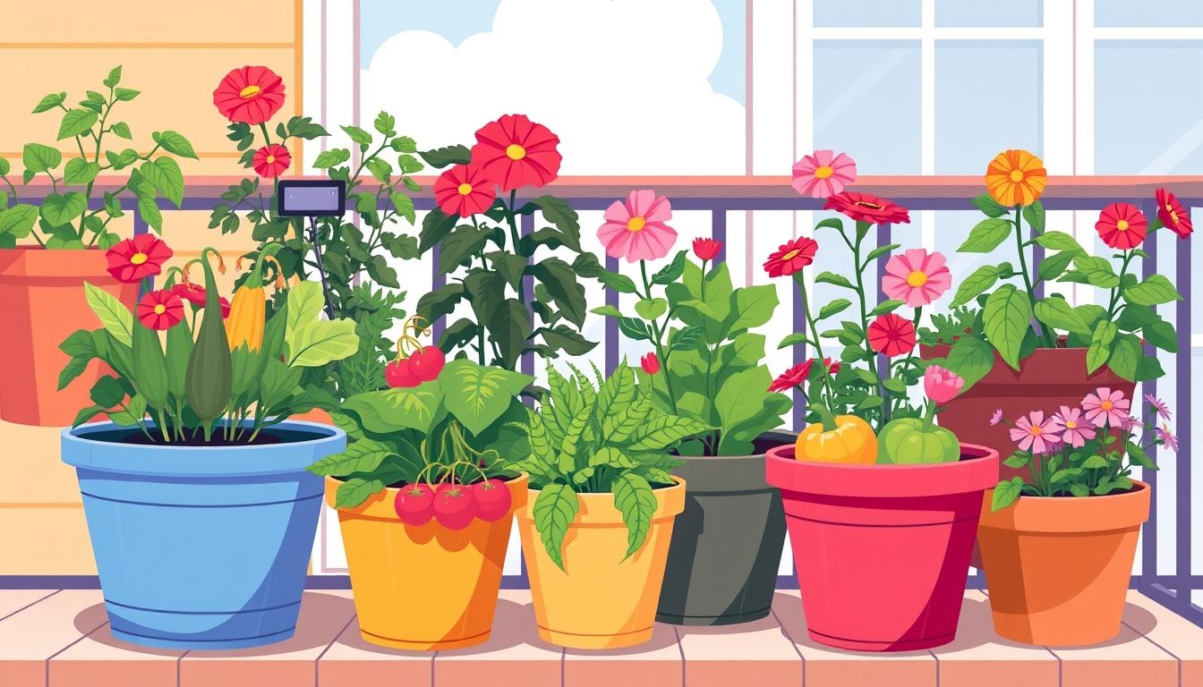Container garden with vegetables and flowers in colorful pots