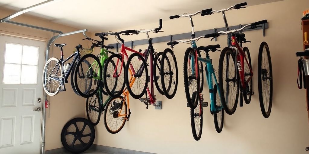Garage with bikes hanging on a wall-mounted rack.