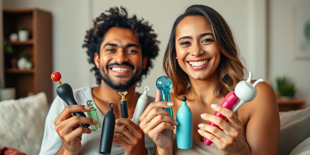 Diverse couple holding sex toys, soft lighting.