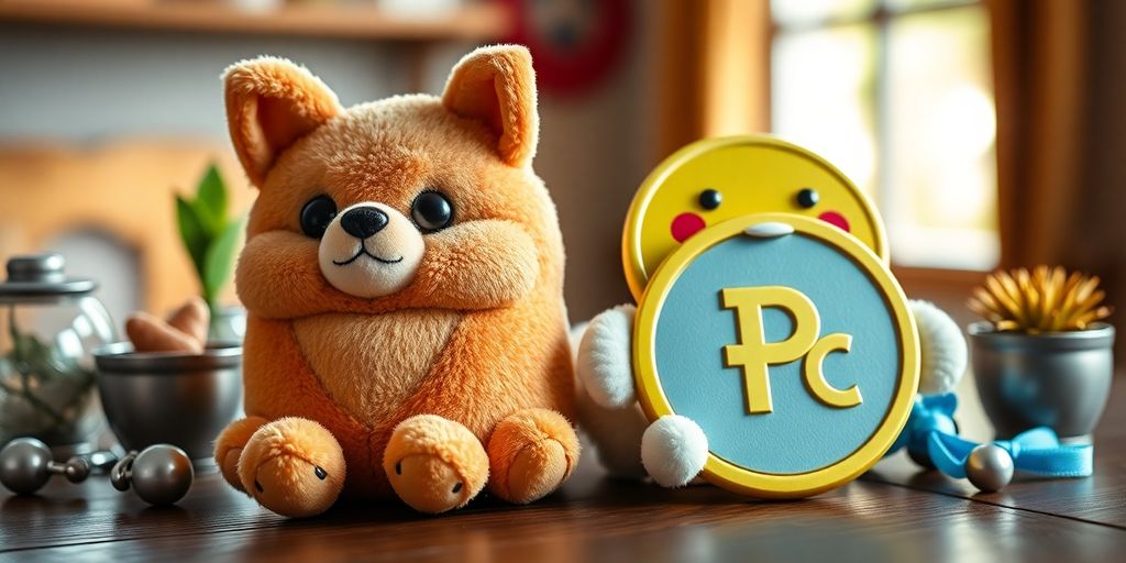Brinquedos Baby Doge e Pepe Coin em mesa de madeira.