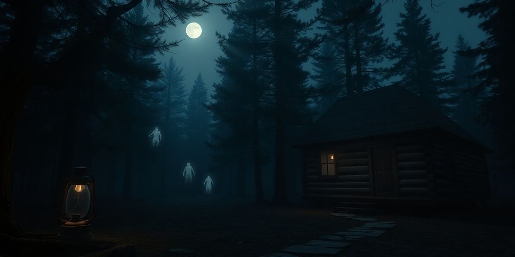 Moonlit forest cabin with lantern and ghostly figures among trees