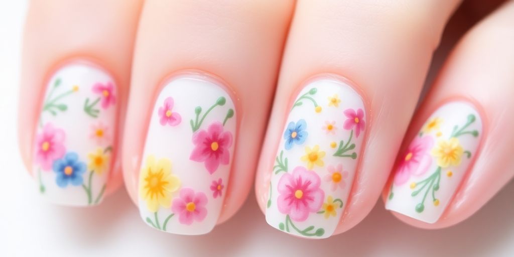 Unhas decoradas com florzinhas delicadas em tons suaves.