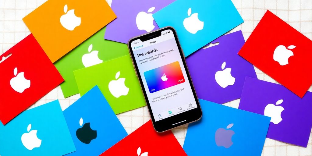 Flat lay of Apple gift cards and rewards app.