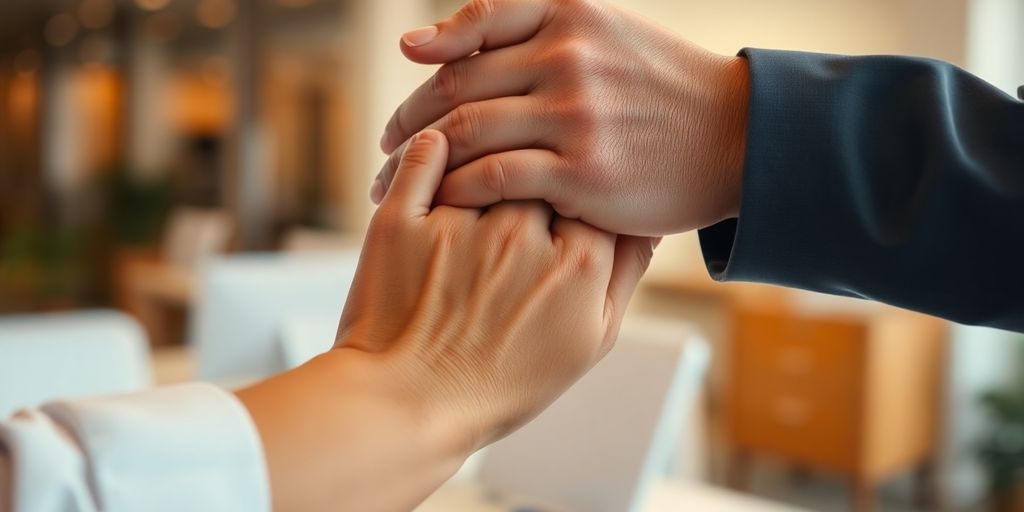Hands holding, support, and workplace hope.