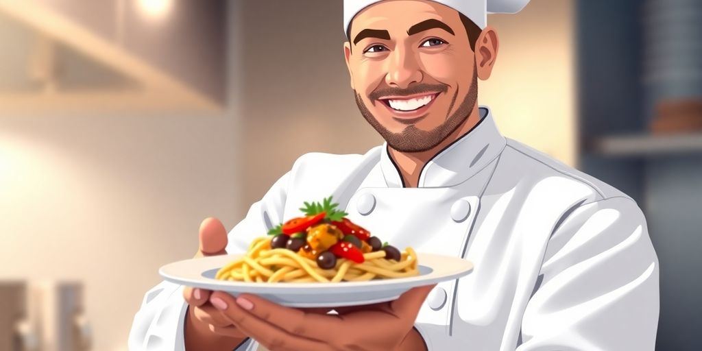 Chef in uniform, smiling, holding a plate.