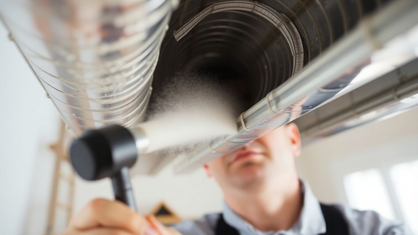 Technician cleaning dust from inside a residential HVAC duct.
