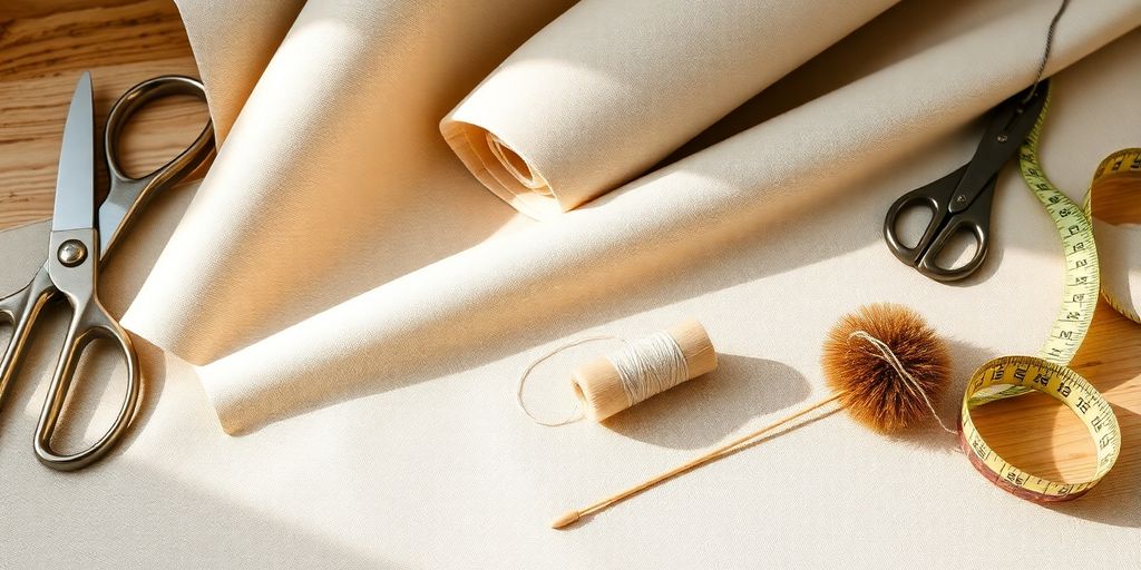 Neutral-toned upholstery fabric rolls, scissors, measuring tape, needle, thread, brush.