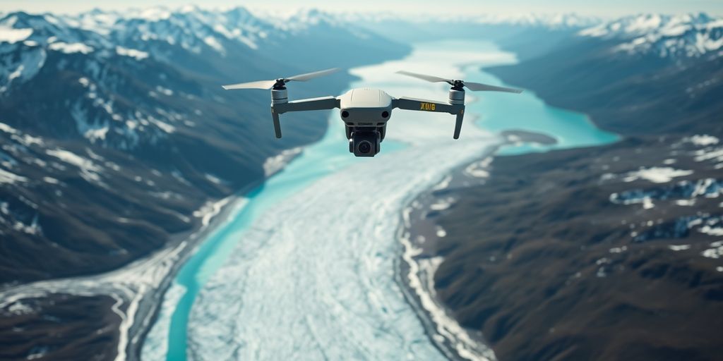 Xag P100 Pro drone flying over an Alaskan glacier.