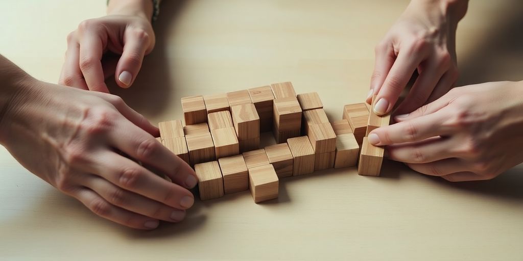 Hands carefully placing small, interlocking wooden blocks together.