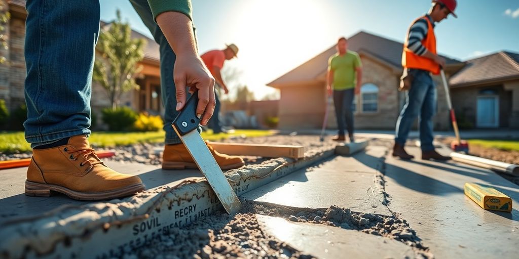 Contractors working on residential concrete project outdoors.