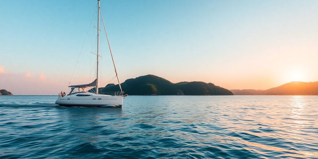 Sailboat on calm blue water at sunset.