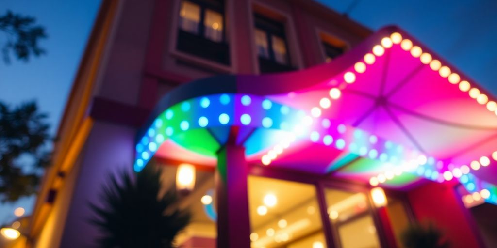 Vibrant illuminated storefront at dusk.