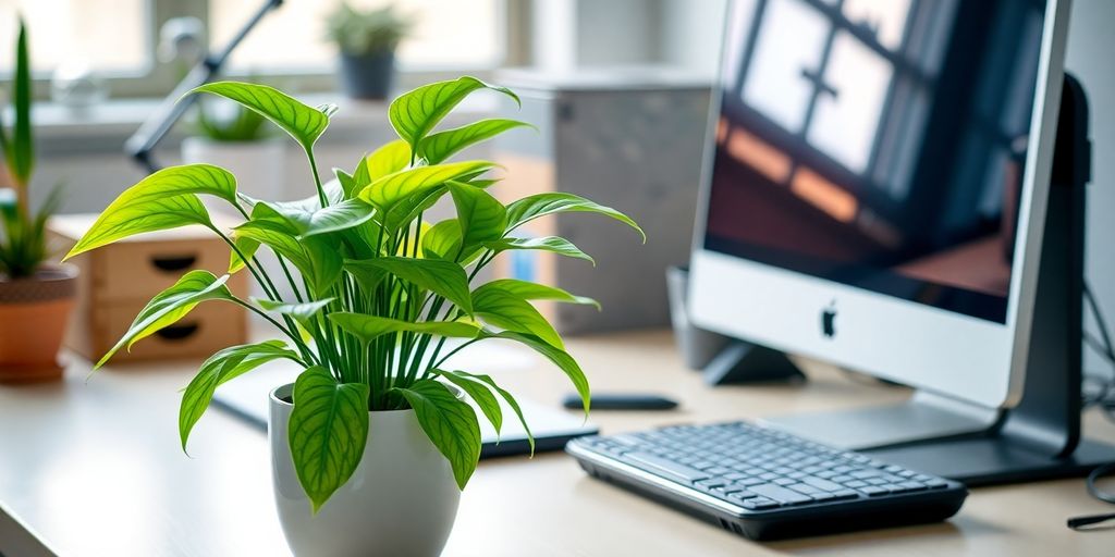 Green desk plant on a tidy workspace, enhancing productivity.