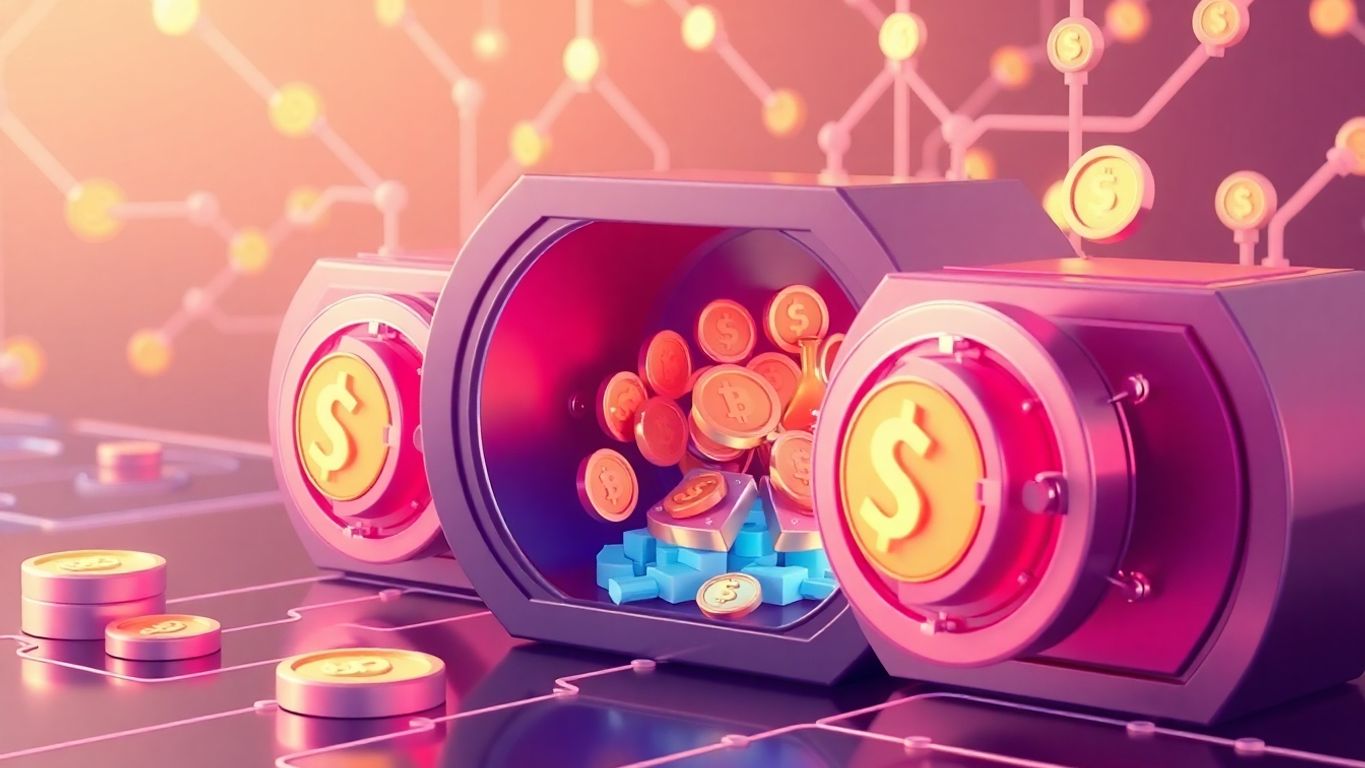 3D illustration of digital assets and secure vaults.