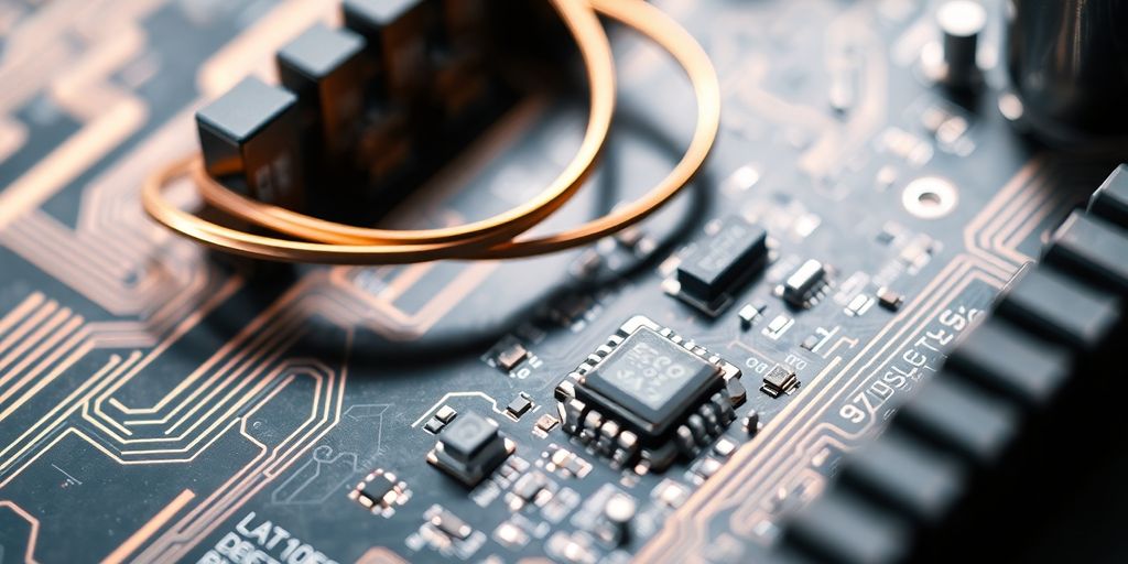 Circuits imprimés, fils de cuivre et puces brillantes.
