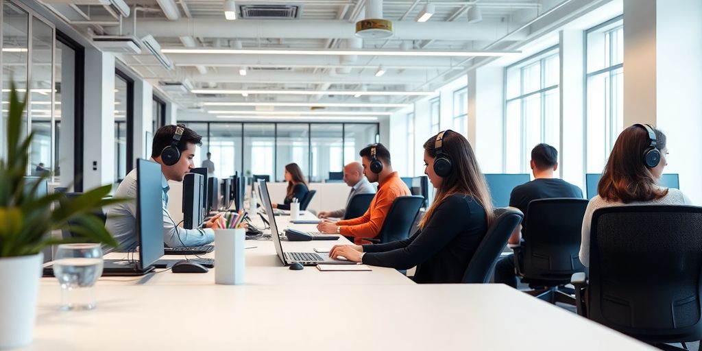 Noise-Cancelling Strategies for Open Office Environments: Detailed Techniques 1 Employees in a modern office using noise-cancelling headphones.