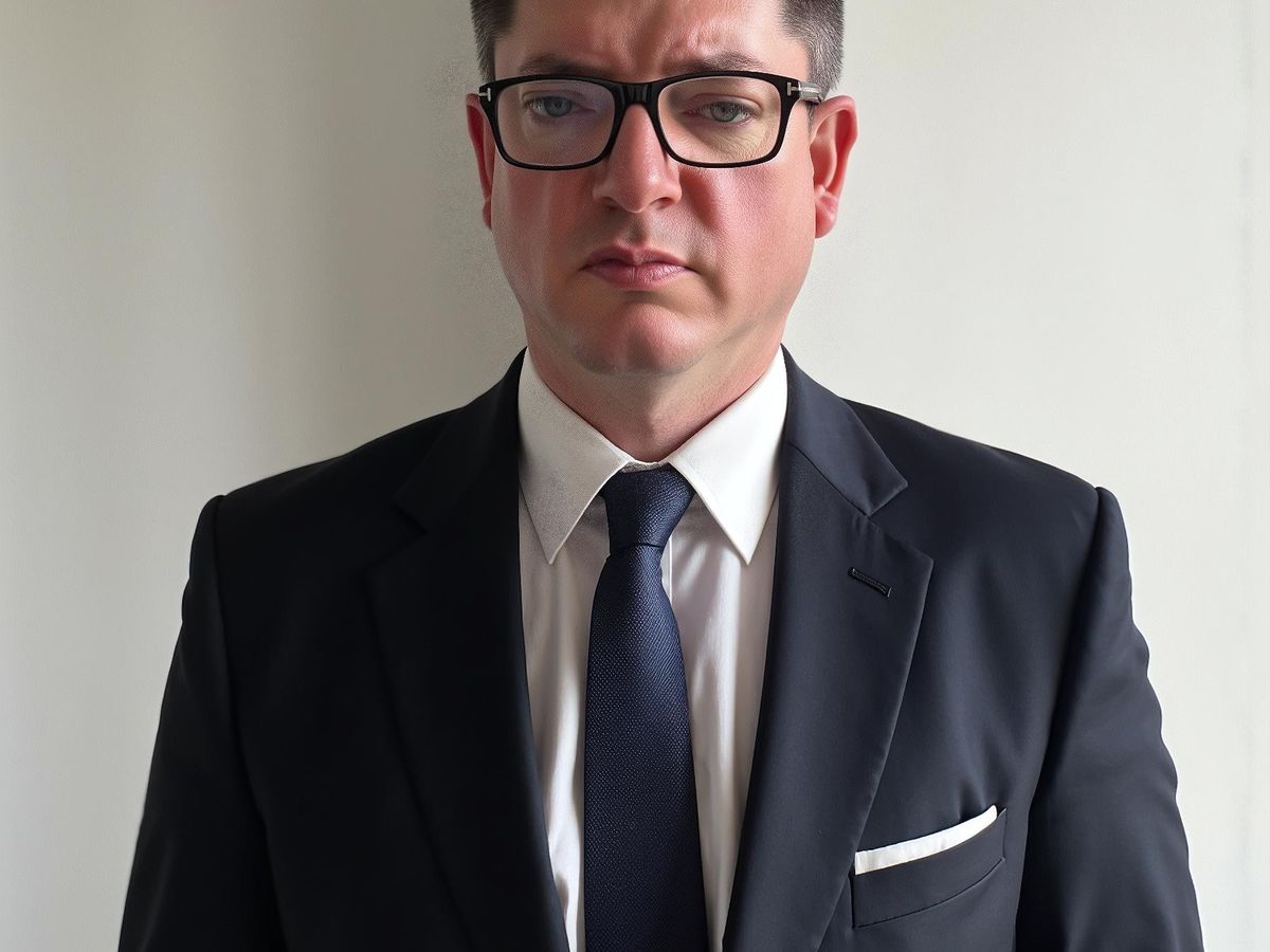 A well-dressed individual stands against a plain background, looking serious.