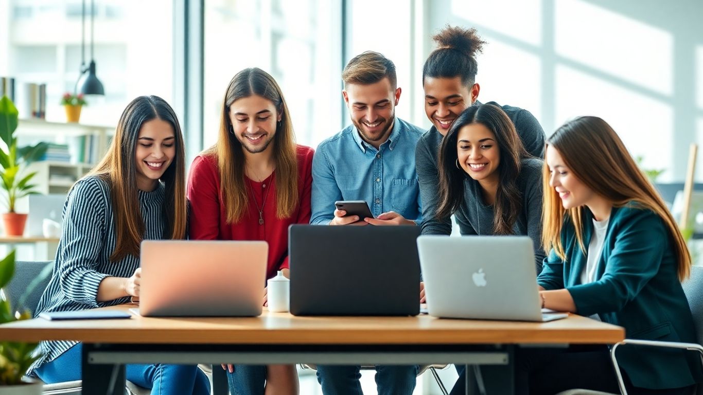 Young professionals collaborating in a modern digital workspace