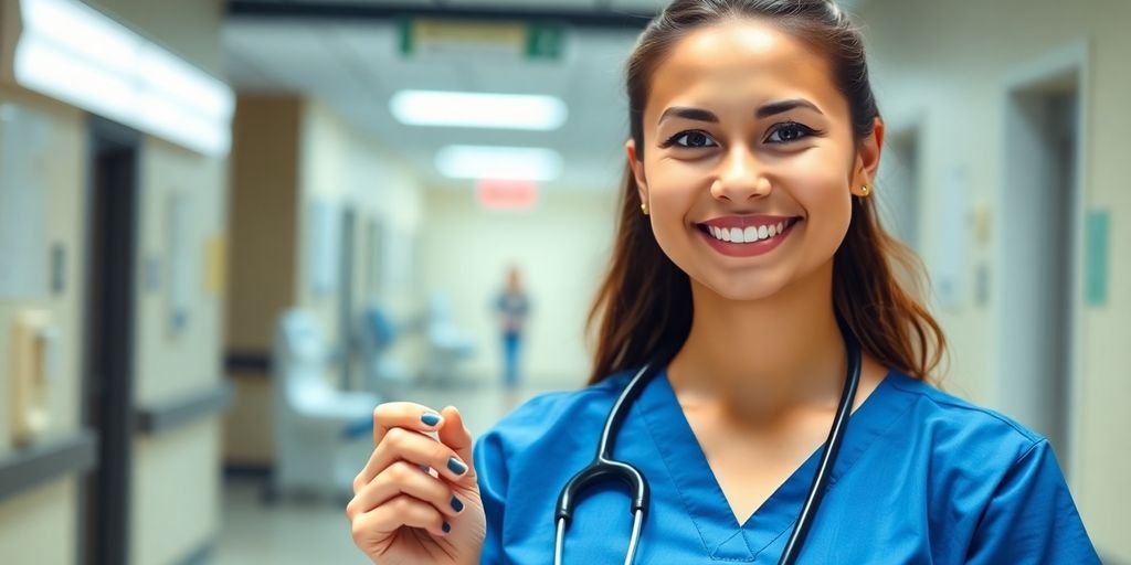 Nurse smiling, holding a stethoscope, in a hospital.