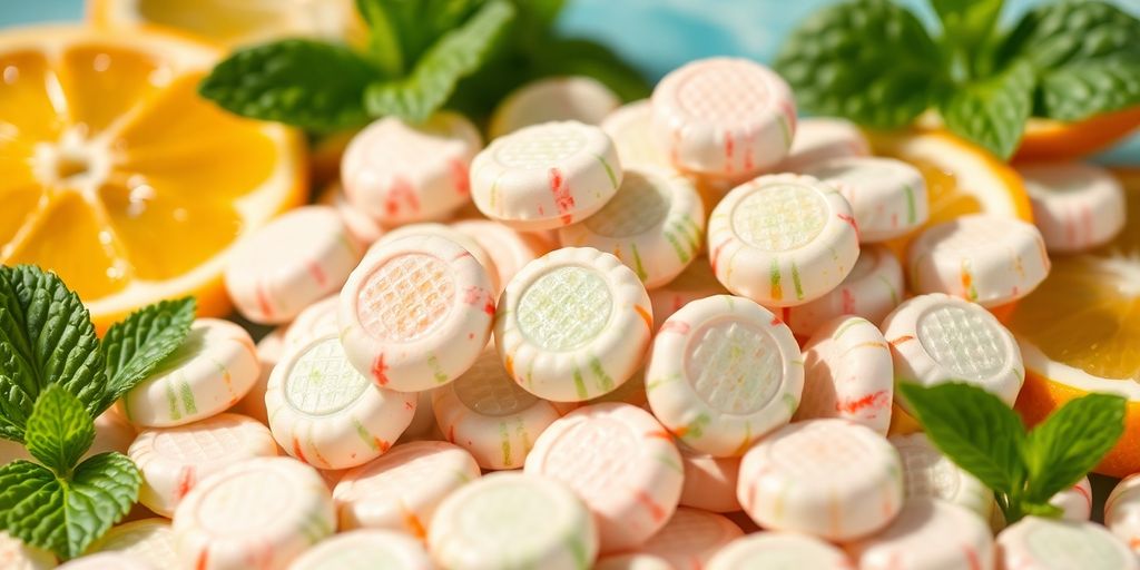 Close-up of Neuro Mints with fresh mint leaves.