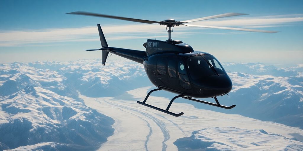 A helicopter flies over snow-covered Alaskan mountains and glaciers.