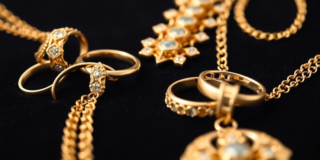 Bijoux en or brillants sur un fond sombre.