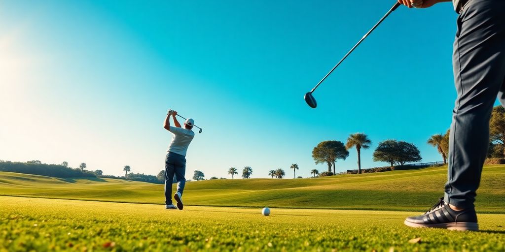 Golfer in action on a sunny golf course.