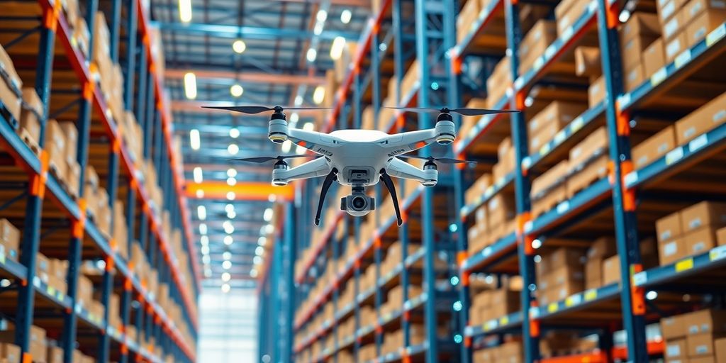 Automated drones and smart shelves in a modern warehouse.