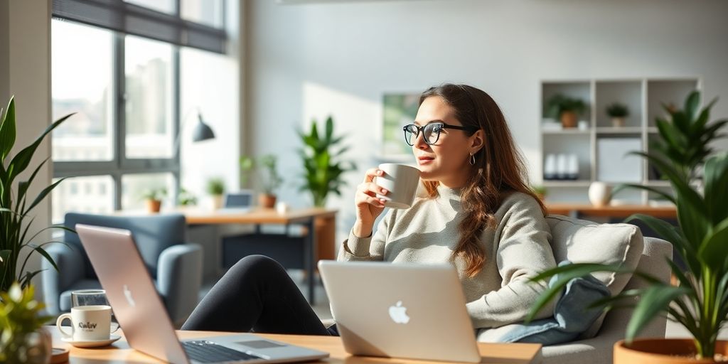 A relaxed worker enjoying coffee in a cozy office.