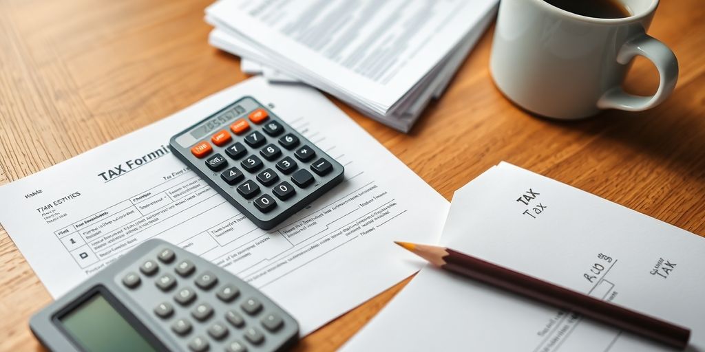 Tax documents and calculator on a wooden desk.