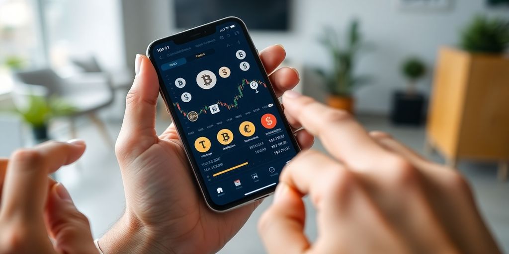 Hands holding a smartphone with cryptocurrency symbols.
