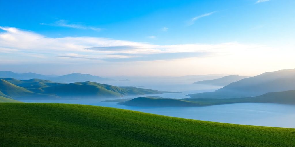 Serene landscape with blue and green hues.