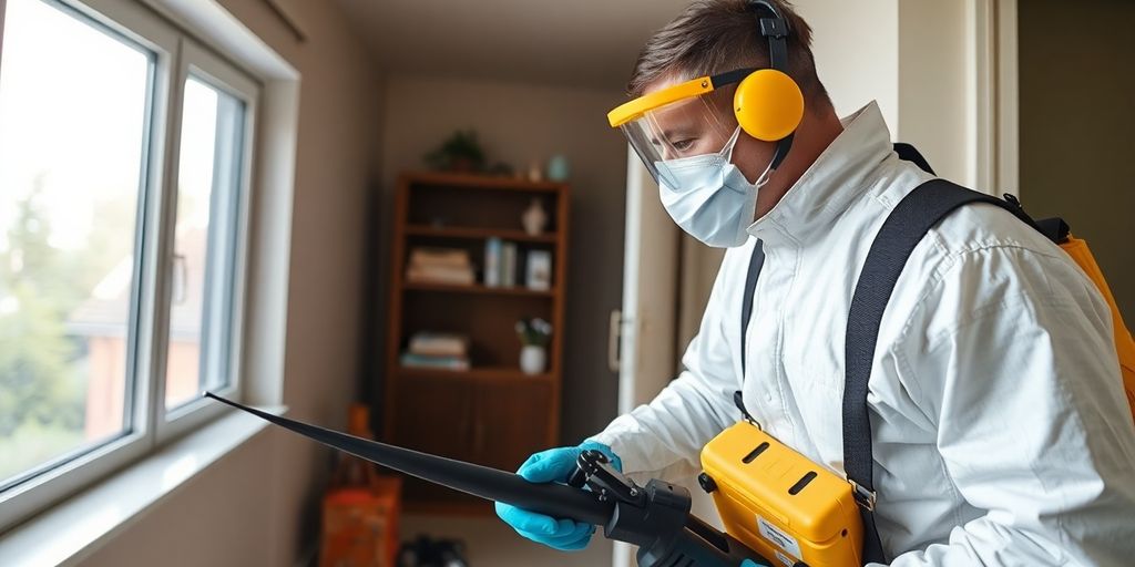 Tehnician de dezinsecție inspectând un apartament.