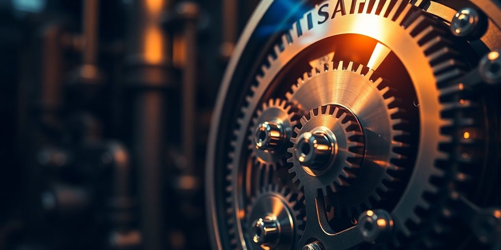 Magnifying glass over a complex, illuminated mechanism.