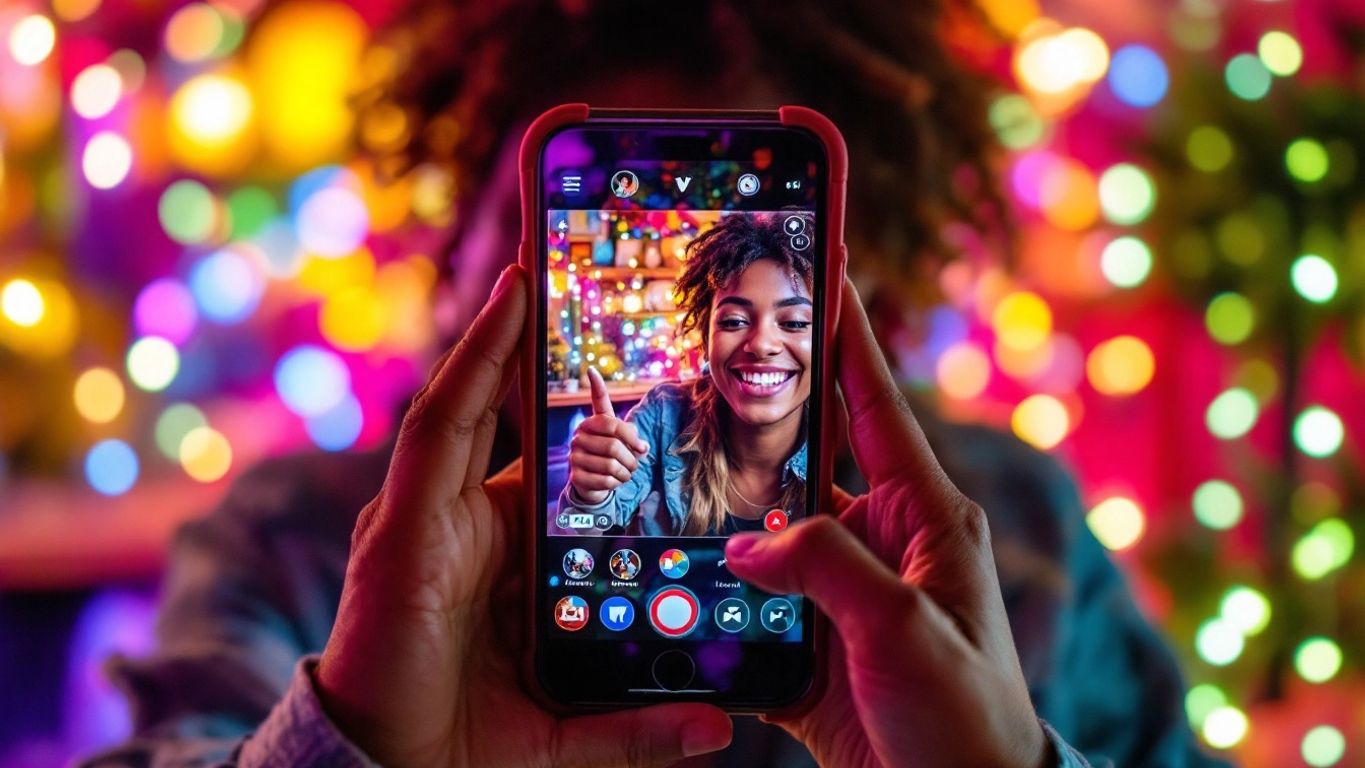Person filming video with smartphone in vibrant setting.